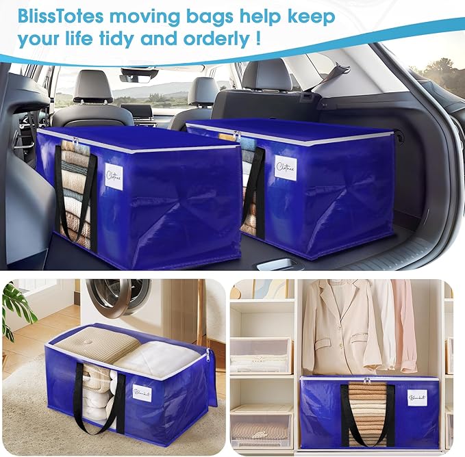 BlissTotes 6 Pack Moving Bags with Clear Window, Storage Bags with Strong Carrying Handles & Zippers,Large Packing Bags for Saving Space, Alternative to Moving Boxes(Blue,20 Gallon)