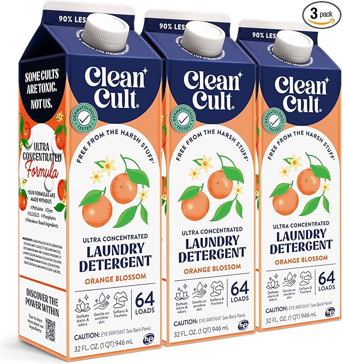 Cleancult Ultra Concentrated Liquid Laundry Detergent, 192 loads (96 oz), Long Lasting Scent, 90% Less Plastic, No Harsh Chemicals, Orange Blossom, Defeats Stains & Odors, HE/Standard Compatible