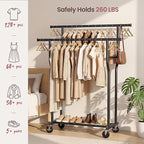 Clothes Rack, Double Rods Rolling Clothing Rack for Hanging Clothes Load 260 LBS Closet Rack with Wheels, Metal Portable Garment Rack for Bedroom Laundry Living Room, Black