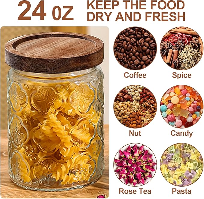 4-Pack 24 OZ Vintage Glass Jar with Lid, Airtight Food Storage Canisters with Bamboo for Kitchen Counter Pantry, Ideal for Coffee, Candy, Tea, Oats, Sugar, Cookies Decorative Jars
