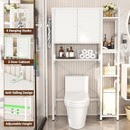 Over The Toilet Storage Cabinet with Doors - 7 Tier Bathroom Organizer with Adjustable Shelf, Freestanding Space Saver Rack Above Toilet Stand with 4 Hooks for Bathroom, Restroom, Laundry, White