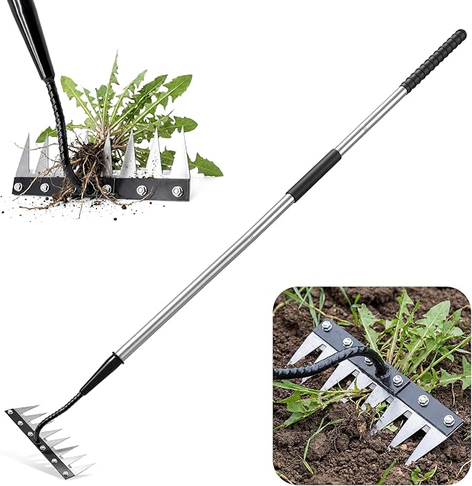 Iron Weeding Rake with Long Handle - Upgraded 8 Teeth Weed Puller Tool, Heavy Duty Manual Weeder Remover Tool for Weeding, Cultivating & Soil Aeration