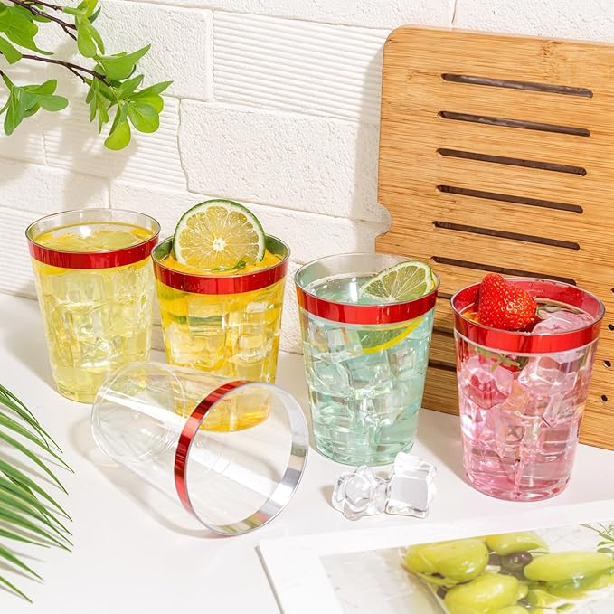 DaYammi 100 Pack Red Plastic Cups 10 Oz Clear Red Rimmed Plastic Cups for Party Fancy Disposable Cup for Wedding Disposable Glasses Clear Tumblers with Rim for Christmas Elegant Wine Cocktail Cup