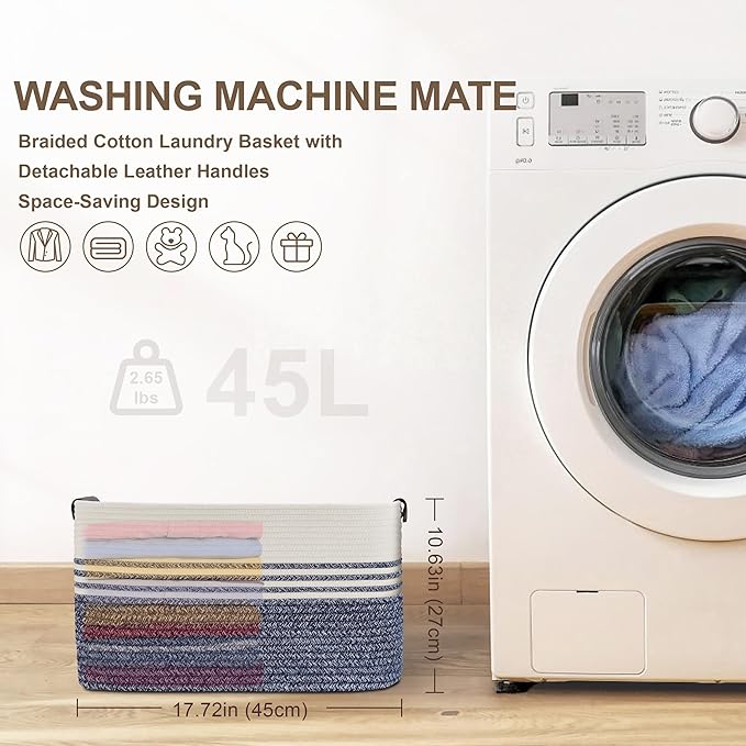 45L Small Laundry Basket with Leather Handles for Living Room Storage, Woven Rope Baskets Bin for Blanket, Kids Toy, Gifts, Wicker Hamper for Bedroom Dirty Clothes, 18"x14"x11" Denim Blue