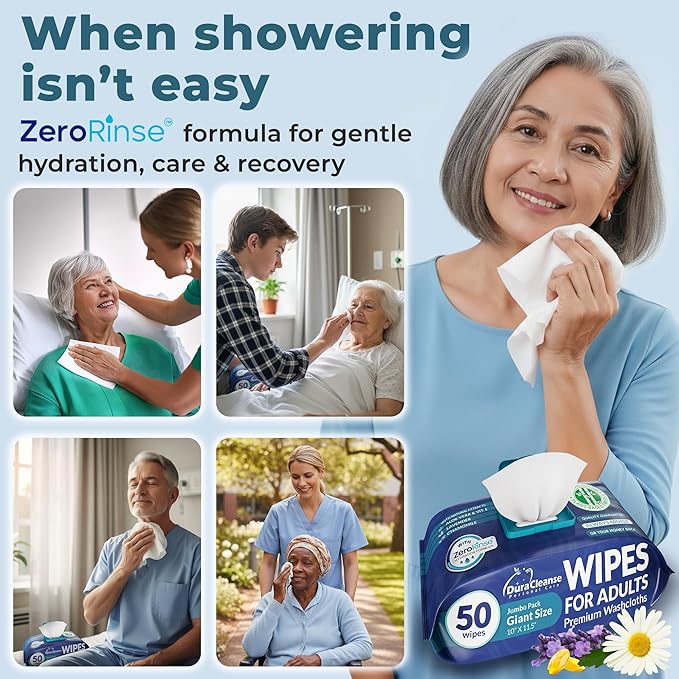 XL Body Wash Wipes for Adults No Rinse Bathing & Elderly Incontinence (4pk) - 200 Ct. + 16 Travel Bath Wipes, 10" x 11.5" Disposable Washcloths for Adult Surgery Recovery & Elder Care