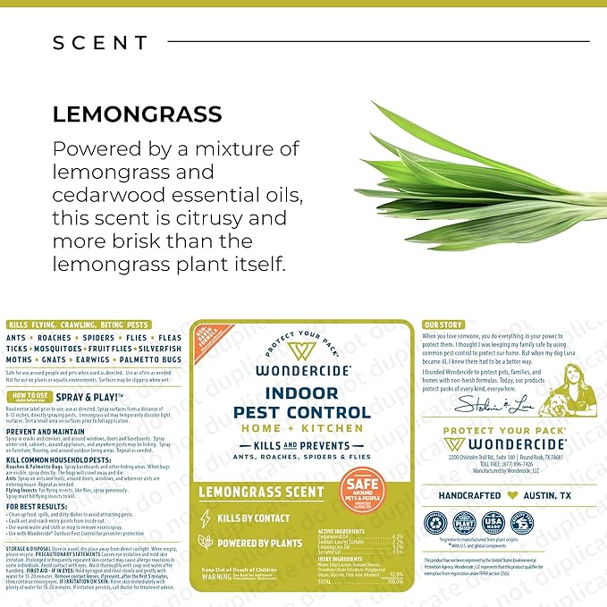 Wondercide - Indoor Pest Control Spray for Home and Kitchen - Ant, Roach, Spider, Fly, Flea, Bug Killer and Insect Repellent - with Natural Essential Oils - Pet and Family Safe — Lemongrass 32 oz