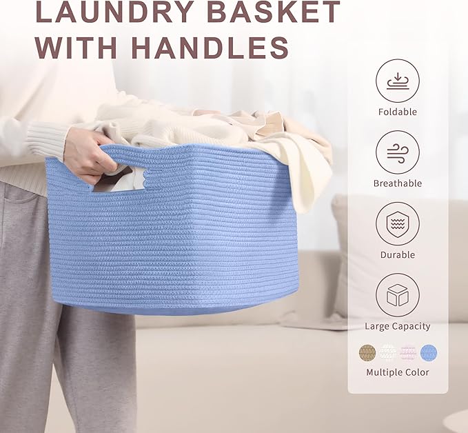 45L Small Baby Girls Laundry Basket for Nursery Storage,Cute Woven cotton Rope Baskets for Kids Toy，Gifts, Boho Square Wicker Blanket hamper for Living Room,Bedroom Dirty Clothes,Blue Purple