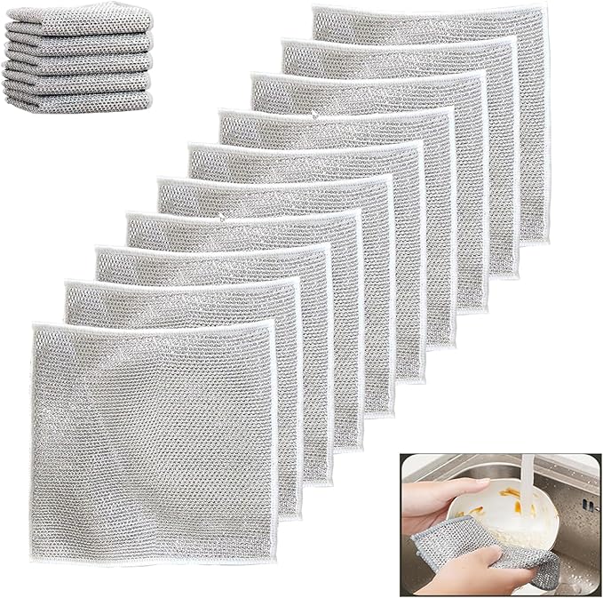 10 PCS Multipurpose Wire Dishwashing Rag for Wet and Dry,Non-Scratch Wire Dishcloth,Scrubbing Wire Dishwashing Rags,Time-Saver Kitchen Wipes Cleaning Cloths (Monolayer)