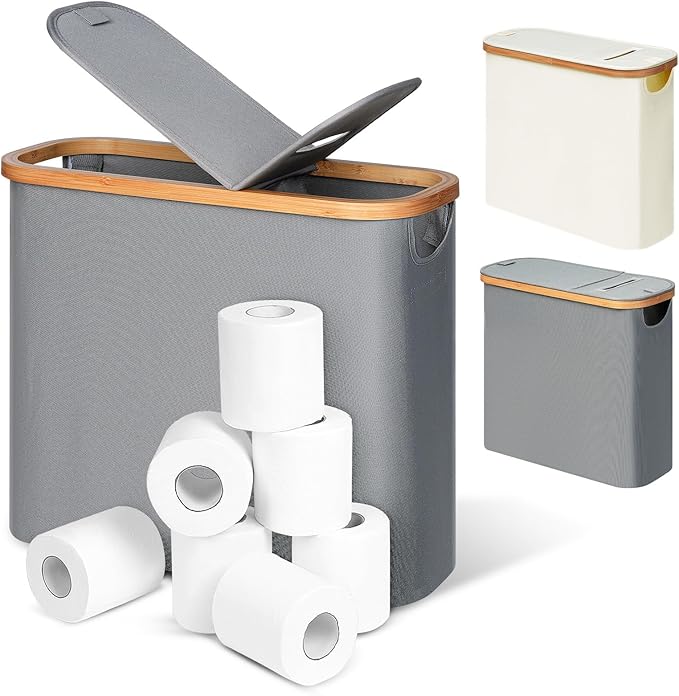 efluky Toilet Paper Storage and Holder 2 in 1, Toilet Paper Storage with Lid for Bathroom 28L, Free Standing Holder Organizer Holds Up to 9-12 Rolls, Grey