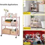 BRIAN & DANY 3-Tier Foldable Storage Shelves with Wheels, No Assembly Folding Shelf Metal Rack, Shelving Unit for Kitchen, Garage, Pink