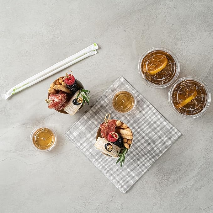 Restaurantware Bio Tek 12 Ounce French Fry Containers 100 Disposable Charcuterie Cups - Incline Design Round Plaid Paper French Fry Cups Stackable For Waffles Chips or Popcorn