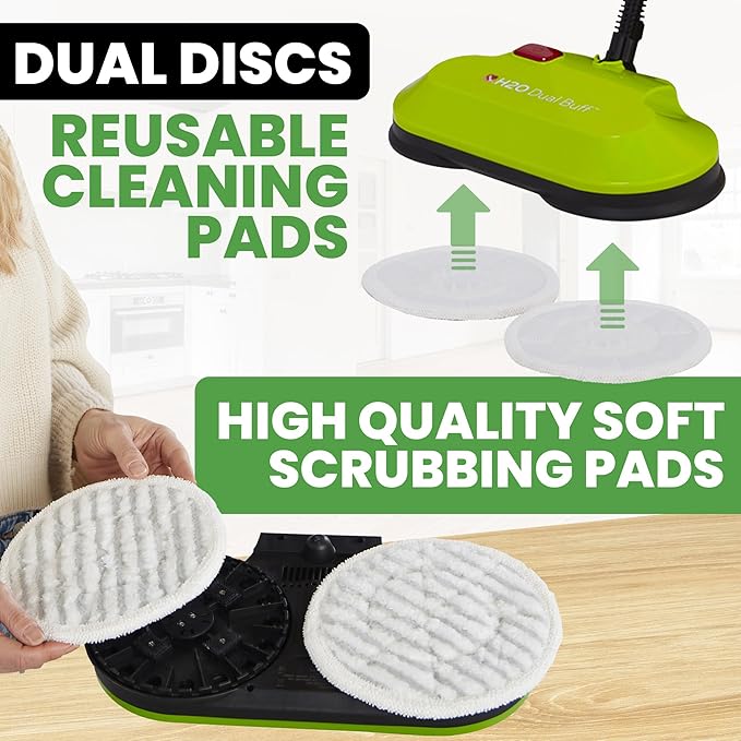 H2O HD Dual Buff Steam Mop, 8 in 1 Handheld Steam Cleaner For Kitchen Tile Floors, Hardwood Floors, Grout Cleaner, Upholstery Cleaner and Carpets, 2 washable scrub pads, 8 cleaning accessories