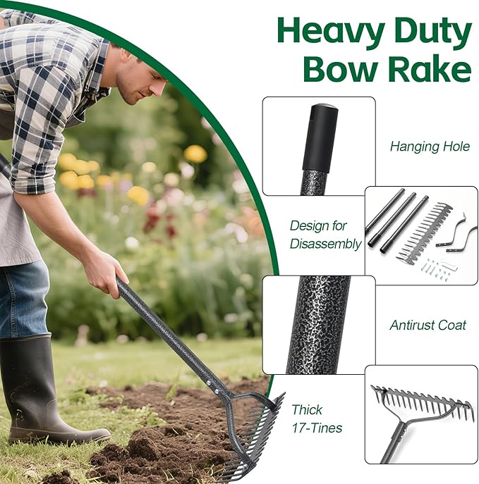 Garden Rake, 63" Adjustable Long Handle Lawn Leveling Bow Rake with 17 Tines, Garden Tool with Heavy Duty Metal for Looseing Soil, Weede Control