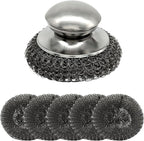 Steel Wool Scrubber with Replacement Wire Pads Set - 1 Heavy Duty Scrubber + 5 Stainless Steel Pads for Effortless Cleaning of Cast Iron, Grill Grates, Rust-Resistant Handle Design