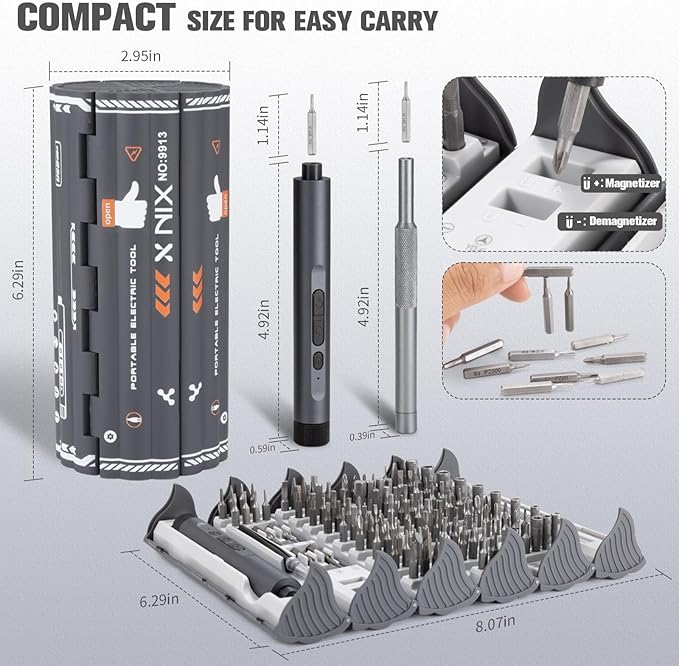 Xnix Electric Precision Screwdriver Set, 127-in-1 Magnetic Bits, Rechargeable USB-C, LED Light, Manual & Electric Modes, Cordless Portable Repair Tools Kit for Electronics, Phones, Laptops