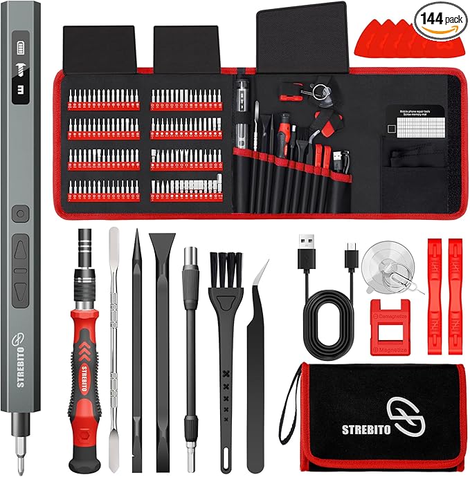 STREBITO 144-Piece Upgraded Electric Screwdriver, Max 0.7 N.m, 120 Magnetic Bits, 5-gear Torque Adjustment, Precision Screwdriver Set, Repair Tool Kit for Tech, Electronics and PC