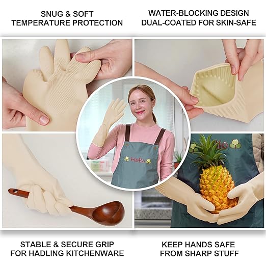 Reusable Waterproof Household Dishwashing Cleaning Rubber Gloves, Non-Slip Kitchen Glove (Ivory, XL (Pack of 3))