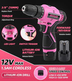 147 Piece Pink Power Drill Drivers Tool Set with 12V Cordless Drill, Professional Household Home Tools Kit Set, DIY Pink Electric Drill Cordless Hand Tool Box for Women