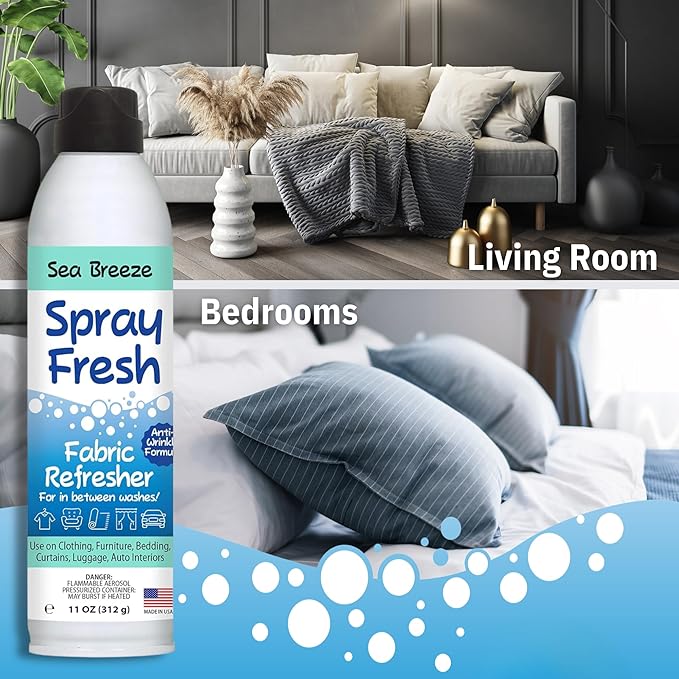 Spray Fresh Fabric Refresher - Deodorizer & Freshener for Clothing, Bedding, Furniture & More - Eliminate Smoke Smell & Pesky Odors - Helps Prevent Fabric from Wrinkling (Sea Breeze)