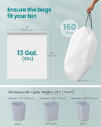 SONGMICS Trash Bags for 13-Gallon (50 L) Trash Cans, Drawstring Kitchen Garbage Bags, Pre-Separated, Quick-Dispense Box, Liner Code K, 4 Rolls, 160 Count, White UKRB051A04