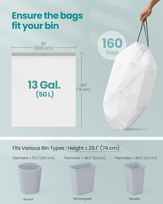 SONGMICS Trash Bags for 13-Gallon (50 L) Trash Cans, Drawstring Kitchen Garbage Bags, Pre-Separated, Quick-Dispense Box, Liner Code K, 4 Rolls, 160 Count, White UKRB051A04