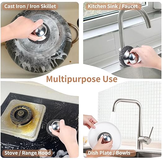 5Pcs Steel Wool Scrubber with Replacement Wire Sponge Pads Set, Stainless Steel Scrubber with Handle for Scouring Stubborn Messes from Cast Iron, Pots, Pans, Grill, Stoves, Sink(1 Scrubber+4 Pads)