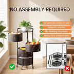 JAQ No Assembly Integrated Vegetable Storage Rack, 4-Tier Rotating Fruit Basket with Wheels, Solid Carbon Steel Kitchen Storage Cart for Potato Onion Produce, Fruteros para Cocina, Black