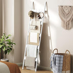 HOOBRO Blanket Ladder, 5-Tier Towel Rack with Hooks, Wall-Leaning Blanket Rack, Decorative Display Ladder Shelf, for Scarves, Industrial, Living Room, Bedroom, White WW52CJ01