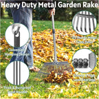 Garden Rake for Leaves with Leaf Bag & Gloves - 65 Inch Adjustable 25 Tines Metal Rake Set with 72 Gallon Reusable Yard Waste Bags for Gardening Lawns Outdoor Camping Shrub Grass Bush