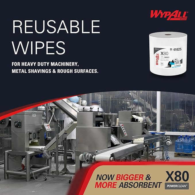 WypAll PowerClean X80 Cloths Heavy Duty Wipes (41025), Jumbo, Extended Use Towels, White (1 Roll of 455 Sheets, 455 Sheet Total)