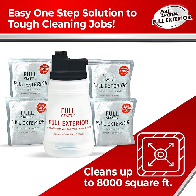 Full Exterior Kit - Bottle, Lid with Hose Attachment and 16oz (4 x 4oz). Crystal Powder Outdoor Cleaner : Non-Toxic, No Scrub, No Rinse Cleaning Kit - Shipped Product Packaging May Vary