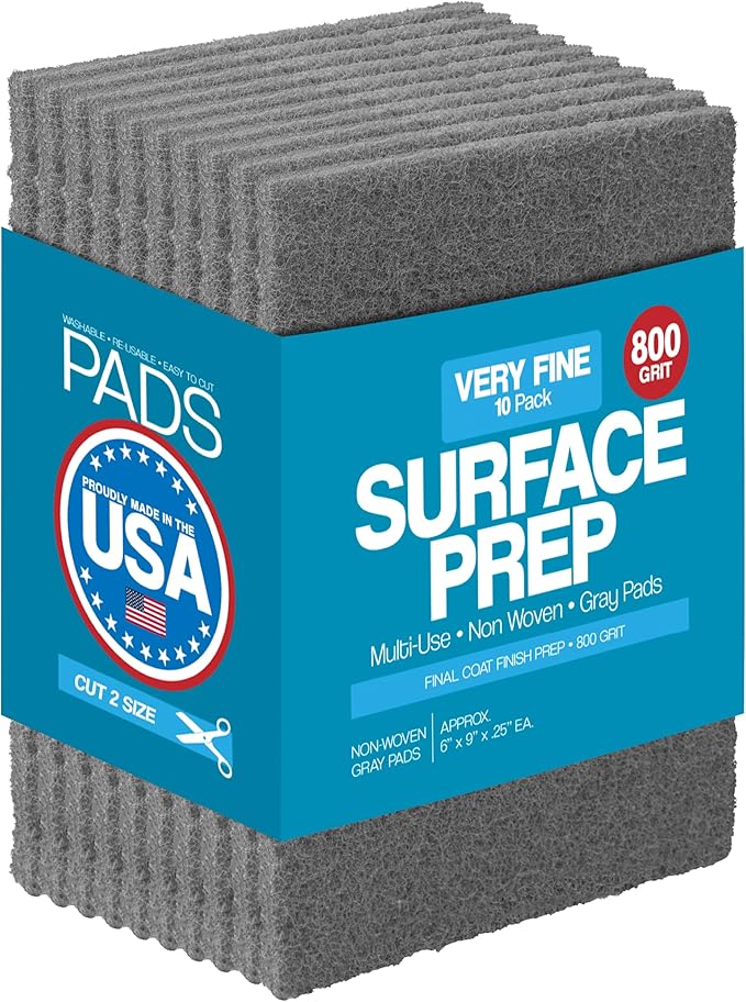 6" x 9" Non-Woven Surface Prep Finishing Pads for Wood, Metal, Smooth Surfaces Before Final Finish, Oxidation Removal, Restore Shine, Very Fine Scuff Pads for Paint Prep - 800 Grit - 10 Pack (Gray)