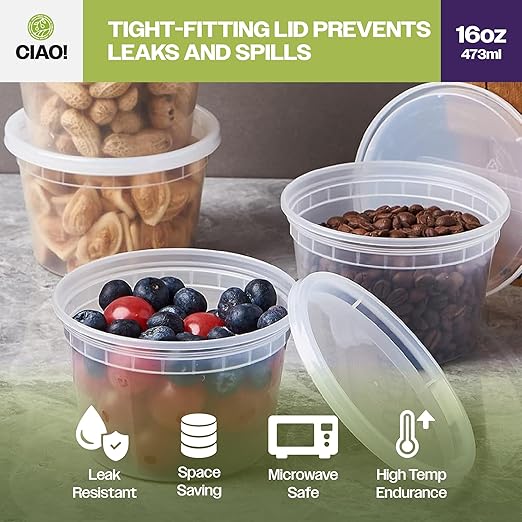 CIAO! 16oz PP Injection Molded Soup-Deli Container with LLDPE Lid, Microwavable and BPA Free (240/240 combo pack)