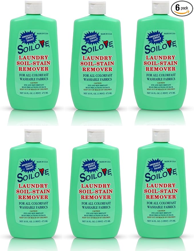 Soilove Laundry Stain Remover Liquid – 6 Bottles (16oz) – Powerful Prewash for Blood, Grease, Ink, Grass, Food, & More – Advanced formula clothes stain remover