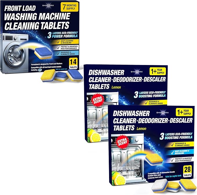 Washing Machine Cleaner Tablets Front Load 14 Pack & Dishwasher Cleaner Deodorizer Descaler Tablets 56 Pack Bundle - 1 Plus Year Supply - Septic Safe Eco Friendly Formula
