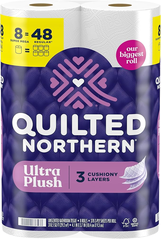 Quilted Northern Ultra Plush Toilet Paper, 8 Super Mega Rolls = 48 Regular Rolls, 3X Thicker*, 3 Ply Soft Toilet Tissue