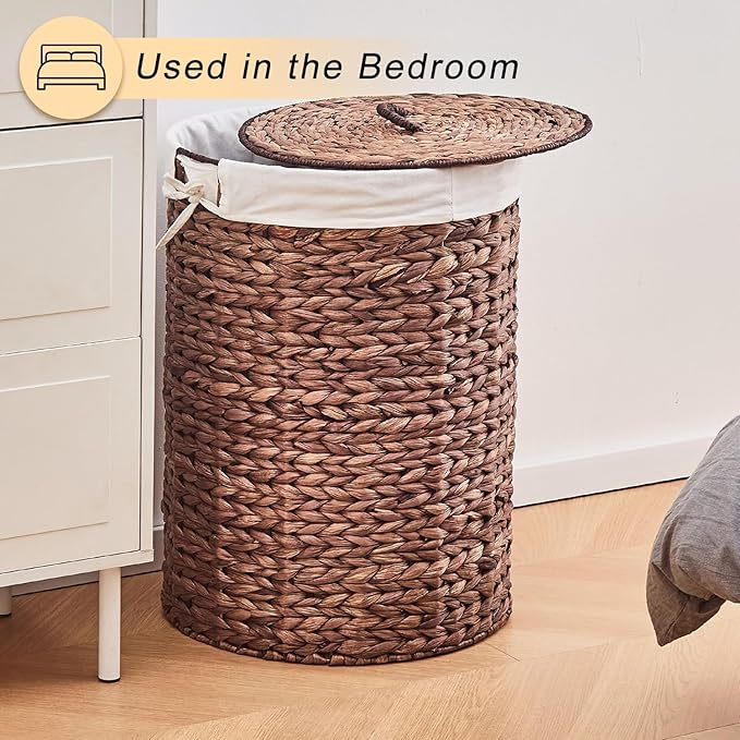 Round Water Hyacinth Laundry Hamper with Lid Handwoven Wicker Basket with Handles for Dirty Clothes, Storage, and Organization Ideal for Bedroom, Bathroom, and Laundry Room, No Assembly Required, 90L