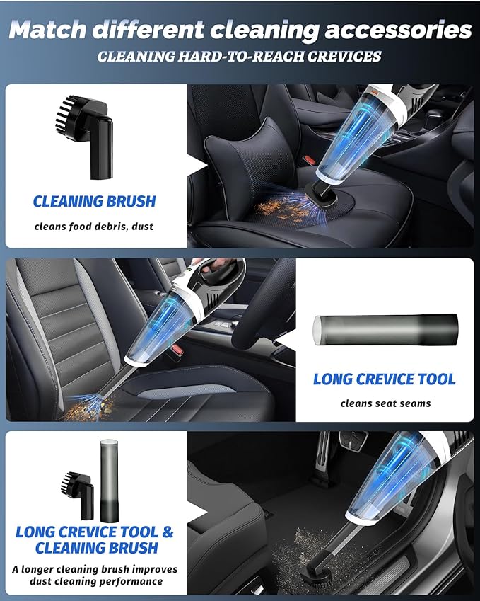 Handheld Vacuum Cordless, Car Vacuum Cleaner with Powerful Suction, 2 Modes Mini Hand Vacuum, Dry & Wet, LED Light, Portable Vacuum for Car Pet Hair, Home, Office, Keyboards White Sliver