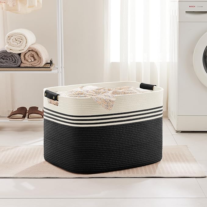 100L Extra Large Laundry Basket with Leather Handles for Living Room Storage, Woven Rope Baskets for Blanket, Kids Toy, Gifts, Wicker Hamper for Bedroom Dirty Clothes, 24"x16"x16" White Black