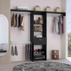 Black Storage Rack One Drawer Three Metal Rods Five Open Shelves for Home Organization