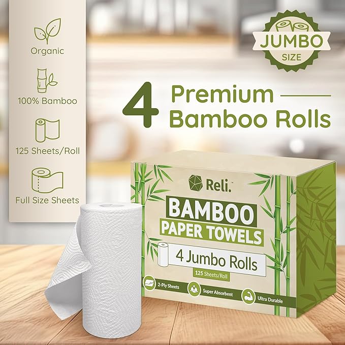 Reli. Bamboo Paper Towels (4 Pack, Jumbo) | Paper Towels Rolls 2 Ply | 125 Sheets/Roll, Full Size Sheets | Unbleached, Organic Rolls for Kitchen, Bathroom | 100% Bamboo