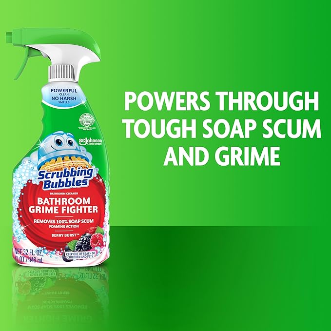 Scrubbing Bubbles Bathroom and Shower Cleaner Spray, Foaming Action Bathroom Grime Fighter Removing Soap Scum, Berry Burst Scent, 32oz