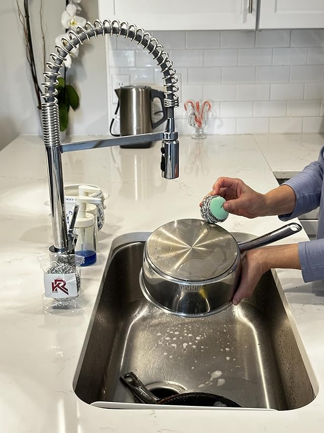 8-Pack Ring King Steel Wool Scrubber Pads for Cleaning Dishes, Pans, Pots, Ovens, Grills, Sinks. Pure Stainless Steel Scrubbers with Wrap-Up Sponge - Heavy-Duty Kitchen Cleaning Pads