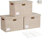 17" Large Collapsible Storage Bins with Lids, Stackable Closet Organizers with PU Handle and Labels, 3-Pack Decorative Fabric Storage Boxes for Home, Bedroom, Closet, Office, Nursery(Khaki)