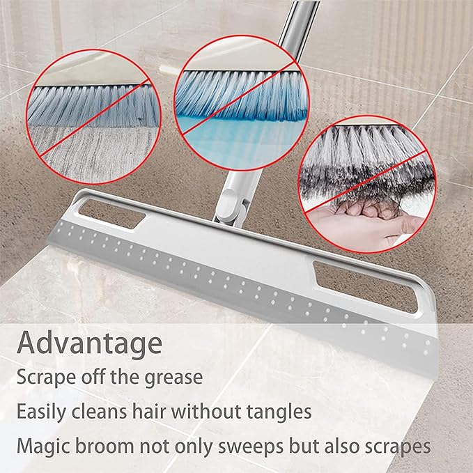 Multifunction Magic Broom, Silicone Floor Squeegee with 56" Long Handle, Rubber Sweeper, Air Broom for Floor Bathroom Kitchen Shower Tile Pet Hair Fur Marble Glass Water Window Foam Cleaning (Grey)