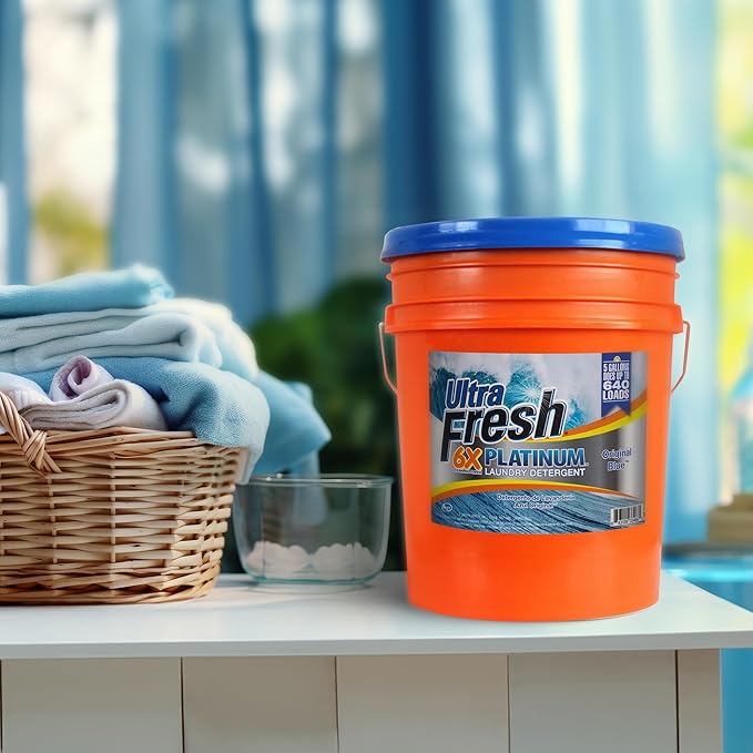 Ultra Fresh 6X Platinum 5 Gallon Laundry Detergent Liquid for All Machine Types with Easy Dispensing Pump, Up to 640 Loads, Original Blue (6 Pack)