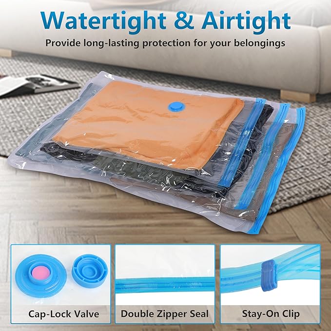 15 Pack Vacuum Storage Bags，Space Saver Bags(3 Jumbo/3 Large/3 Medium/3 Small/3 Roll),Compression for Comforters and Blankets, Sealer Clothes Storage, Hand Pump Included