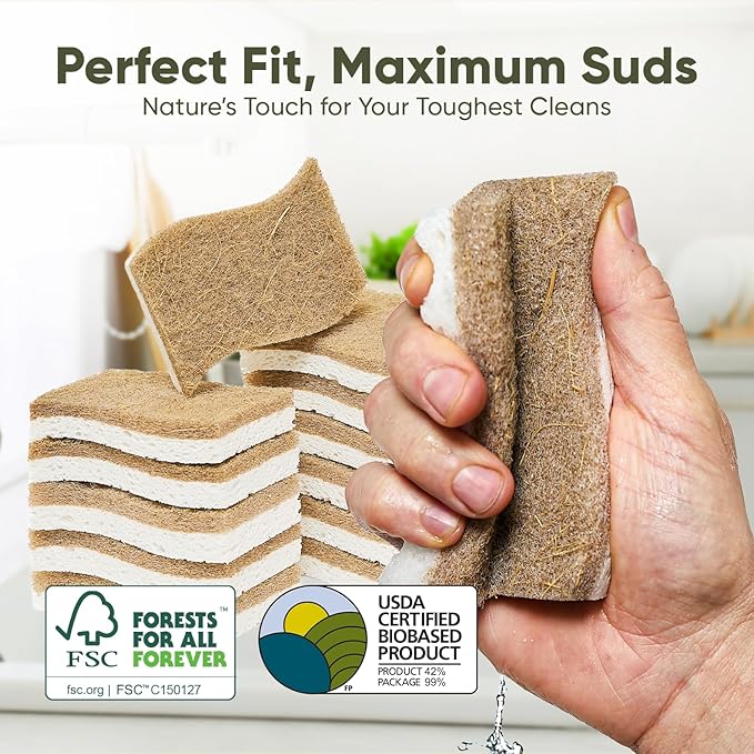Plant-Based Kitchen Sponges (6 Pack) | USDA Biobased Certified | FSC & PETA Approved | Natural Cellulose & Coconut Scrubber Sponge | S-Shaped Design | Eco-Friendly, Non-Scratch, Non-Toxic & Vegan