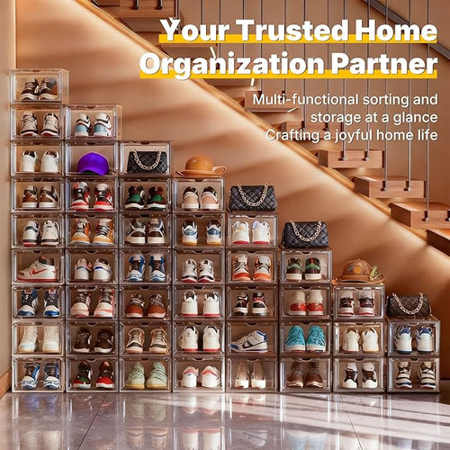 1 Pack Large Clear Shoe Box for Men’s Size 13 Sneakers, Stackable Drop-Front with Magnetic Door, BPA-Free Plastic Display Organizer, 13.5” x 10.55” x 7.5” – Transparent