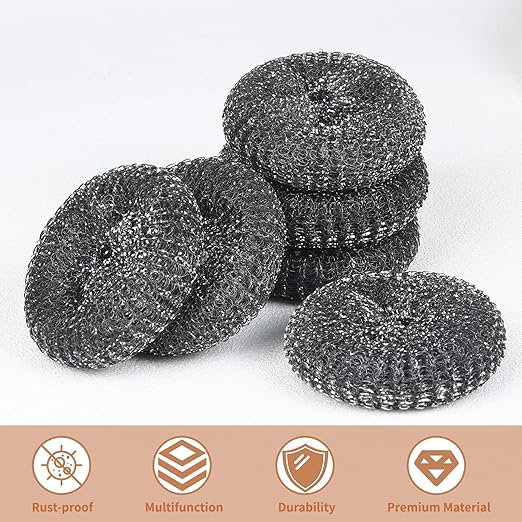 6PCS Steel Wool Scrubber Wire Sponge Set, Barbecue Grill Cleaning Scrubber Pads, Stainless Steel Scrubber Replacement for Scouring Messes from Cast Iron, Pots, Pans, Grill, Stoves, Sink (6 Pads)